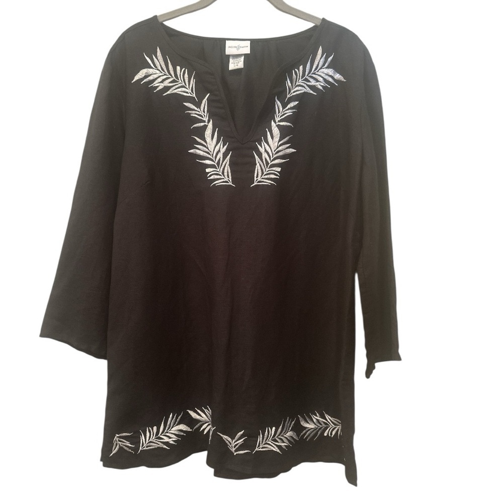 Jaclyn Smith Black Embroidered Tunic Tropical Beach Linen Lightweight Sz L